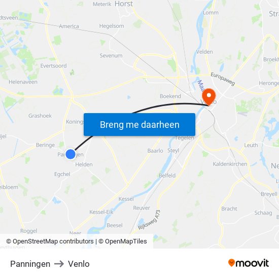 Panningen to Venlo map