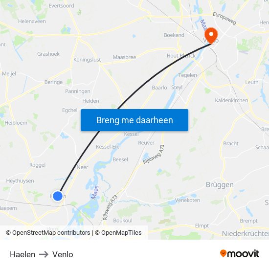 Haelen to Venlo map
