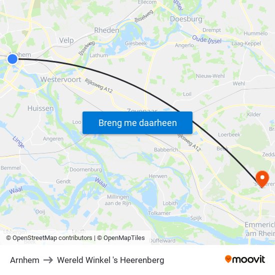 Arnhem to Wereld Winkel 's Heerenberg map