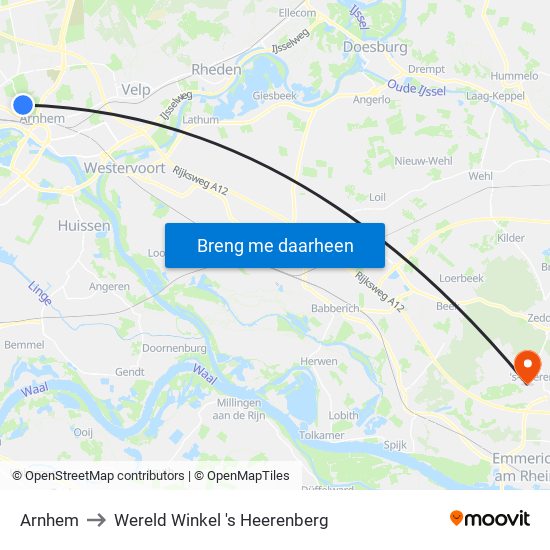 Arnhem to Wereld Winkel 's Heerenberg map