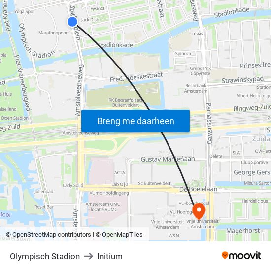 Olympisch Stadion to Initium map