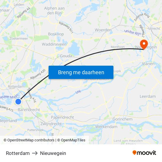 Rotterdam to Nieuwegein map