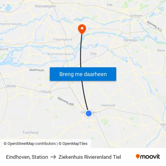 Eindhoven, Station to Ziekenhuis Rivierenland Tiel map