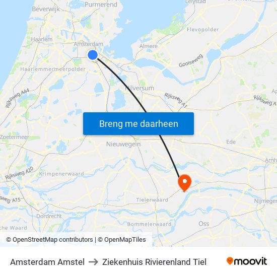Amsterdam Amstel to Ziekenhuis Rivierenland Tiel map