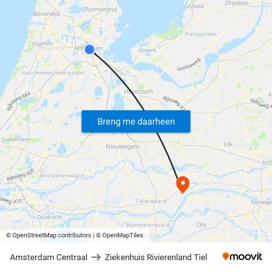 Amsterdam Centraal to Ziekenhuis Rivierenland Tiel map