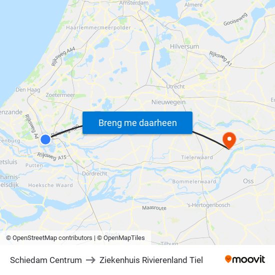 Schiedam Centrum to Ziekenhuis Rivierenland Tiel map