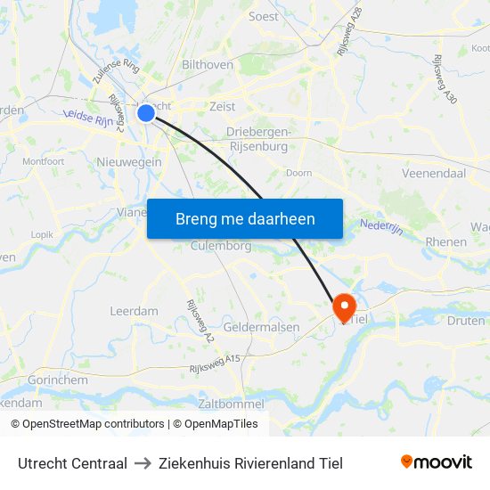 Utrecht Centraal to Ziekenhuis Rivierenland Tiel map