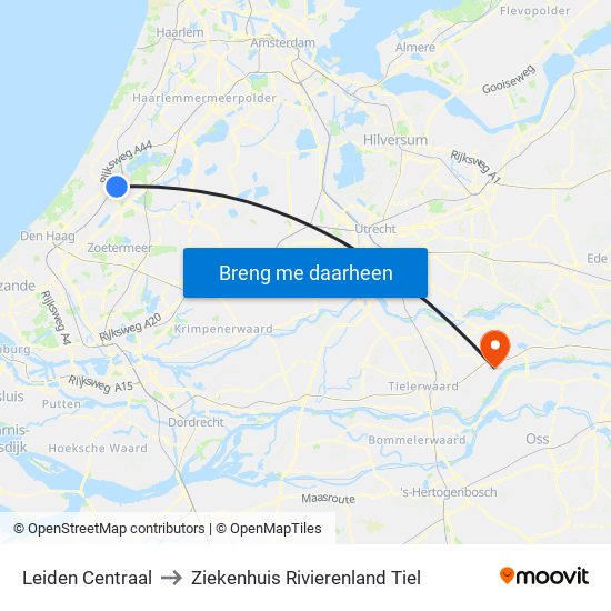 Leiden Centraal to Ziekenhuis Rivierenland Tiel map