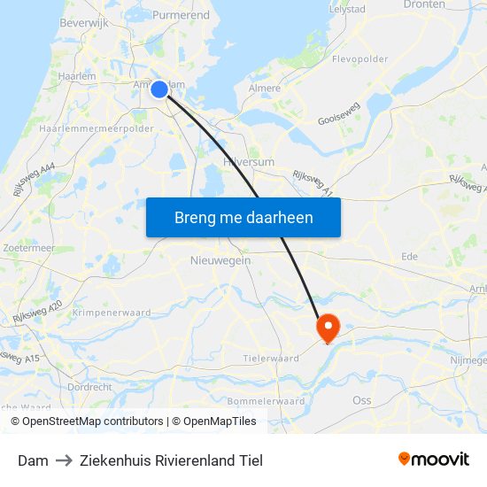 Dam to Ziekenhuis Rivierenland Tiel map