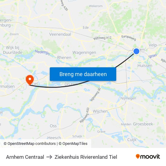 Arnhem Centraal to Ziekenhuis Rivierenland Tiel map