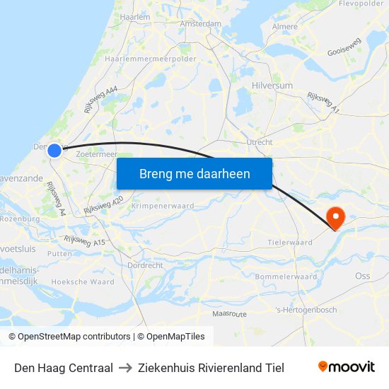 Den Haag Centraal to Ziekenhuis Rivierenland Tiel map