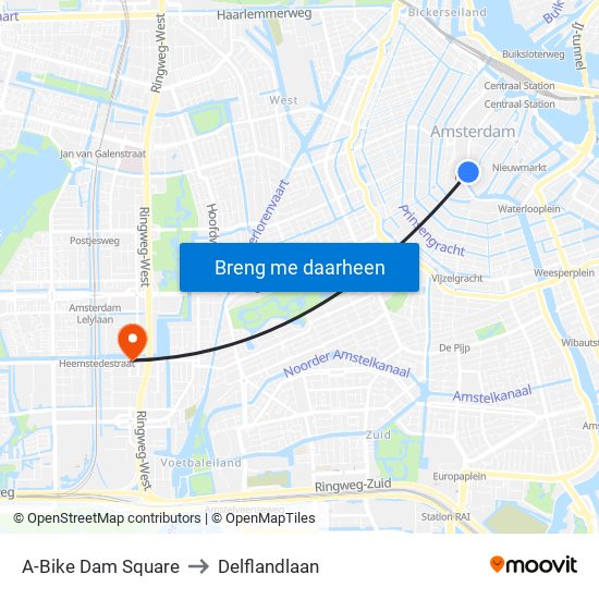 A-Bike Dam Square to Delflandlaan map