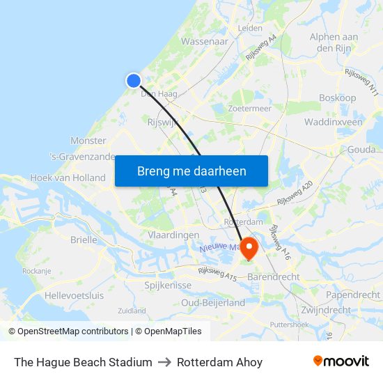 The Hague Beach Stadium to Rotterdam Ahoy map