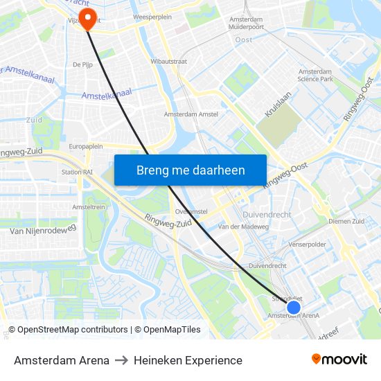 Amsterdam Arena to Heineken Experience map