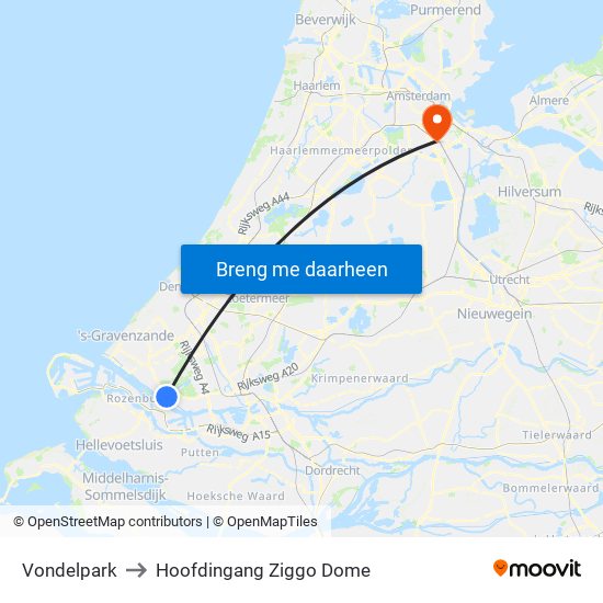Vondelpark to Hoofdingang Ziggo Dome map