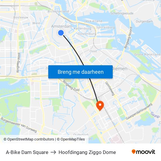 A-Bike Dam Square to Hoofdingang Ziggo Dome map