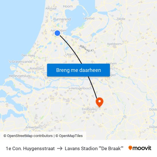 1e Con. Huygensstraat to Lavans Stadion ""De Braak"" map