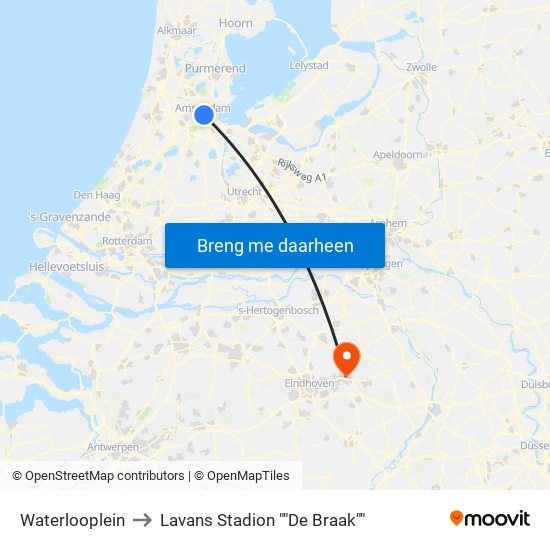 Waterlooplein to Lavans Stadion ""De Braak"" map