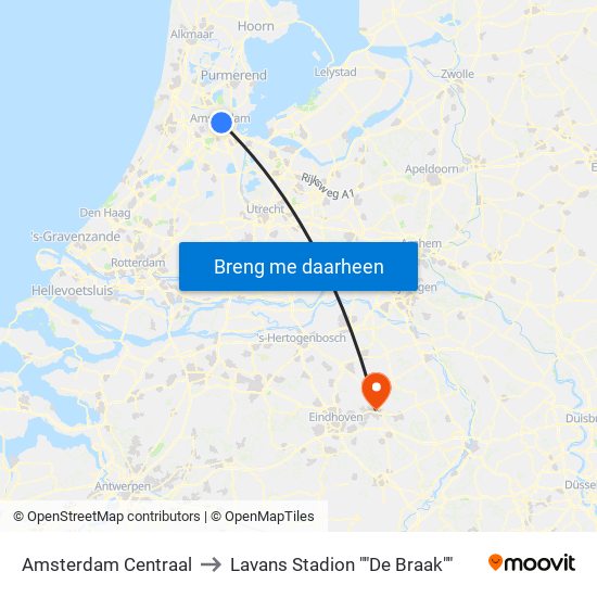 Amsterdam Centraal to Lavans Stadion ""De Braak"" map