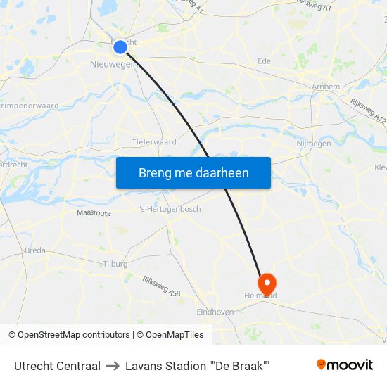 Utrecht Centraal to Lavans Stadion ""De Braak"" map