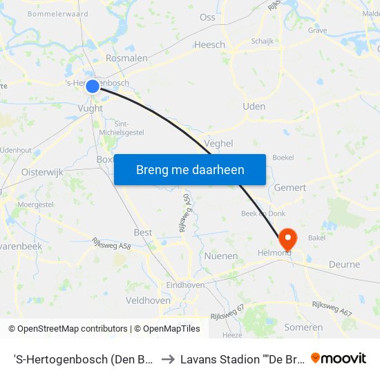 'S-Hertogenbosch (Den Bosch) to Lavans Stadion ""De Braak"" map