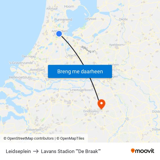 Leidseplein to Lavans Stadion ""De Braak"" map