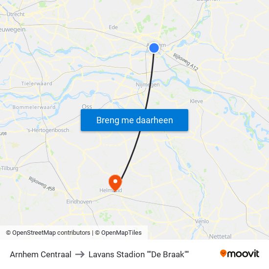 Arnhem Centraal to Lavans Stadion ""De Braak"" map
