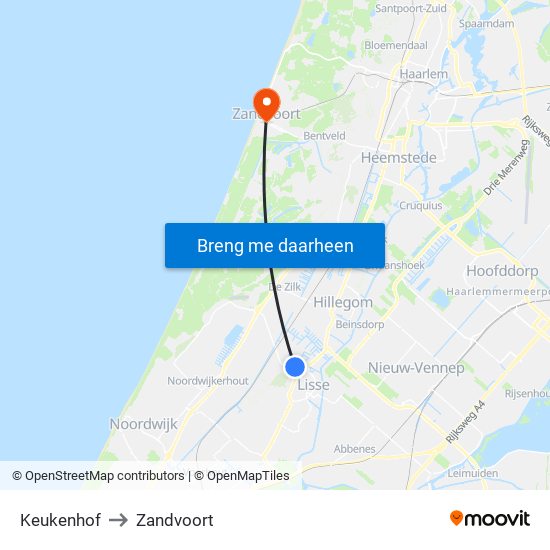 Keukenhof to Zandvoort map