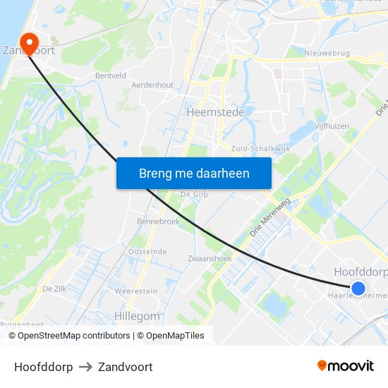 Hoofddorp to Zandvoort map