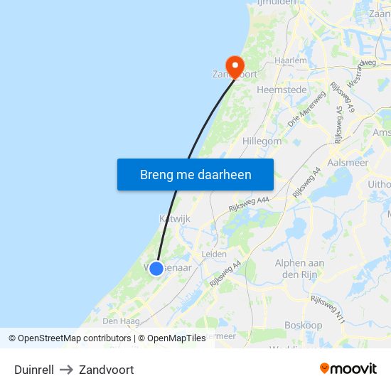 Duinrell to Zandvoort map