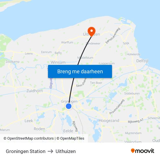 Groningen Station to Uithuizen map
