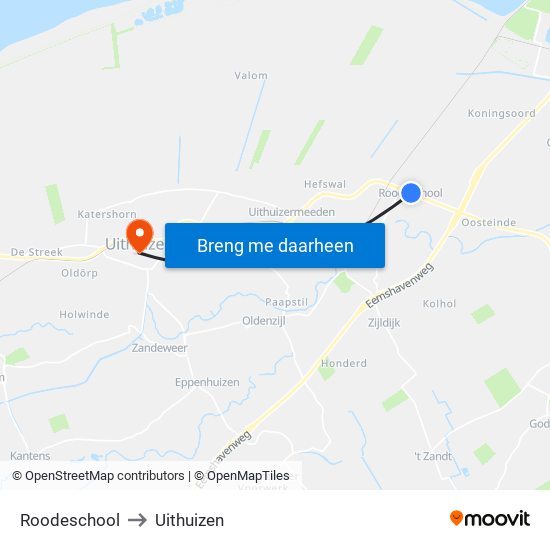 Roodeschool to Uithuizen map