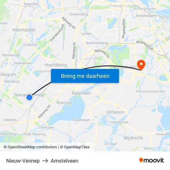 Nieuw-Vennep to Amstelveen map