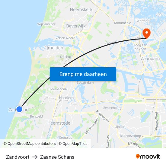 Zandvoort to Zaanse Schans map