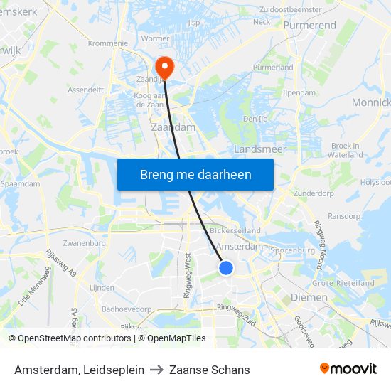 Leidseplein to Zaanse Schans map