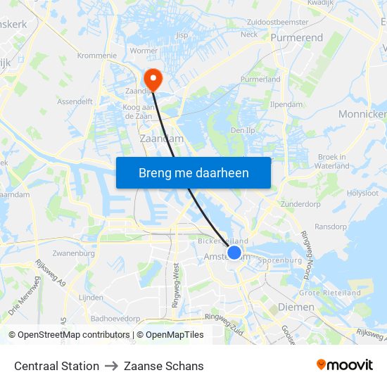 Centraal Station to Zaanse Schans map