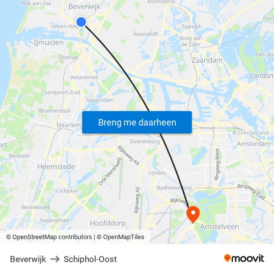 Beverwijk to Schiphol-Oost map