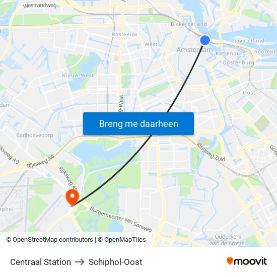 Centraal Station to Schiphol-Oost map