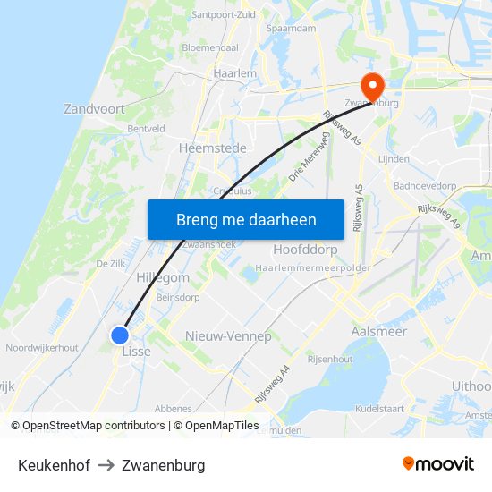 Keukenhof to Zwanenburg map