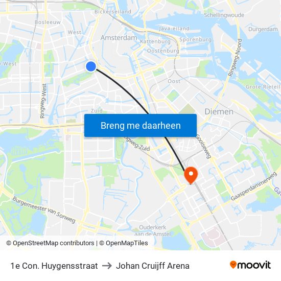 1e Con. Huygensstraat to Johan Cruijff Arena map