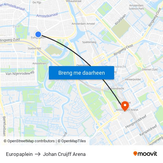 Europaplein to Johan Cruijff Arena map