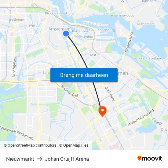 Nieuwmarkt to Johan Cruijff Arena map