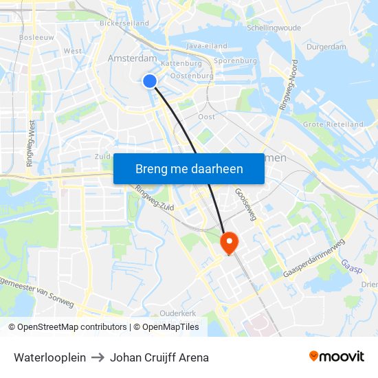 Waterlooplein to Johan Cruijff Arena map