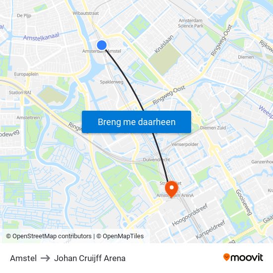 Amstel to Johan Cruijff Arena map