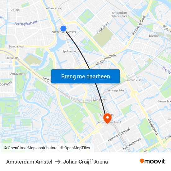 Amsterdam Amstel to Johan Cruijff Arena map
