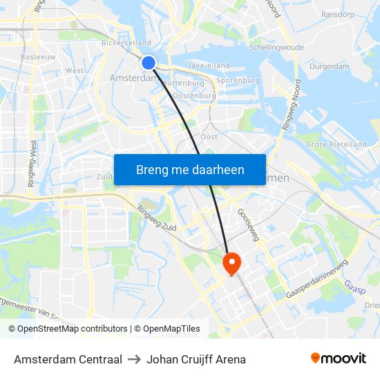 Amsterdam Centraal to Johan Cruijff Arena map