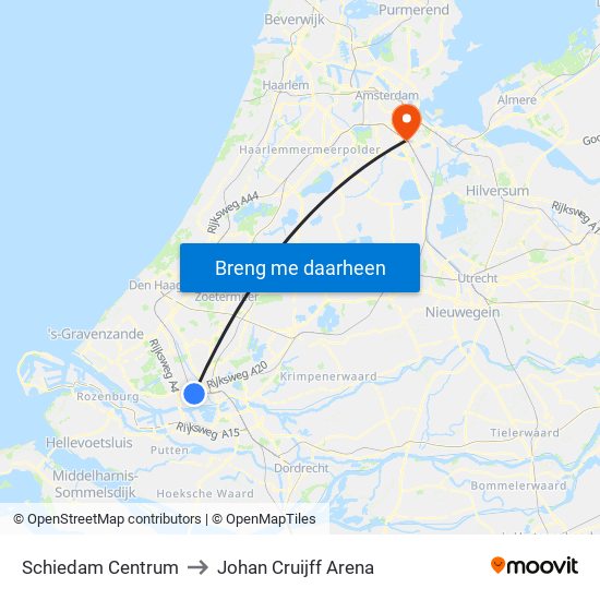 Schiedam Centrum to Johan Cruijff Arena map