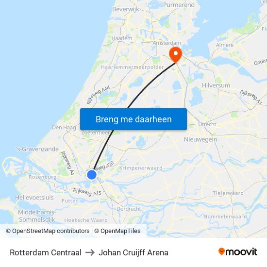 Rotterdam Centraal to Johan Cruijff Arena map