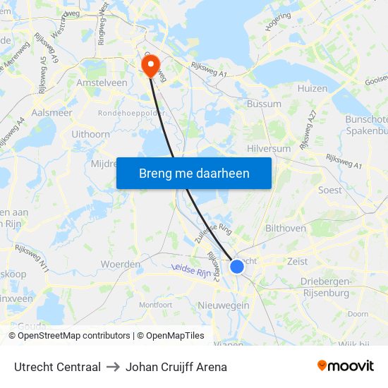 Utrecht Centraal to Johan Cruijff Arena map