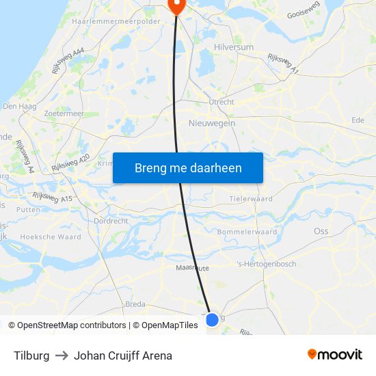 Tilburg to Johan Cruijff Arena map